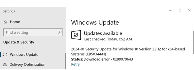 O Microsoft Windows Update e o erro de atualização “Update KB5034441 fails to install (Download error – 0x80070643)”